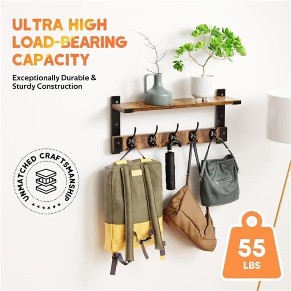 Wall Hooks with Shelf, Coat Rack Wall Mount for Coat Backpack Key Clothes - Picture 3 of 7